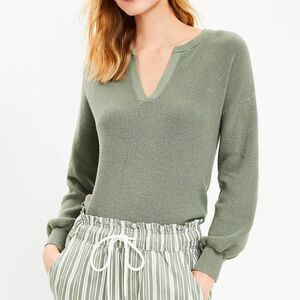 Loft Textured Split Neck Sweater 100% Cotton, Sage Green. Size Large.